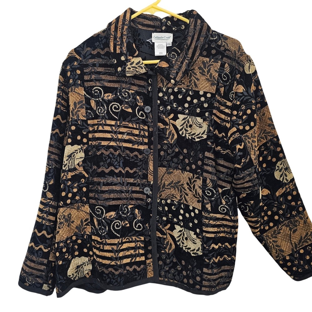 Coldwater Creek Womens PXL Petite XL Black Gold Tapestry Patchwork Jacket H28848